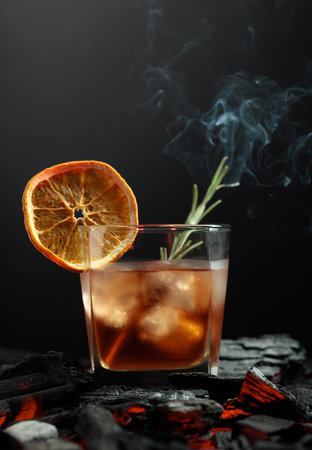 Whiskey with rosemary and beautiful swirls of smoke on a black background. Old-fashioned cocktail with ice, dried orange slice, and rosemary.の写真素材