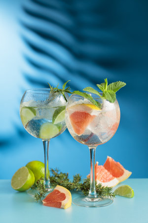 Cocktails gin and tonic with grapefruit and lime slices on a blue background. Copy space.の写真素材