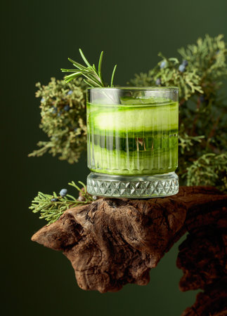 Refreshing hard seltzer with ice, cucumber, and rosemary on an old snag. In the background, juniper branches with berries.の写真素材