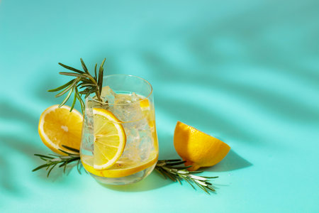 Summer refreshment with ice, lemon, and rosemary - cool, crisp, and kissed by palm shadows on a...