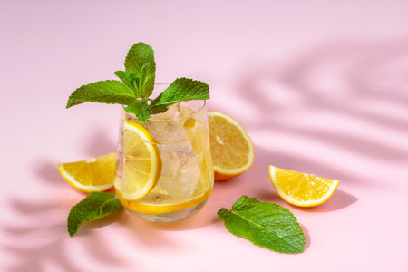 Summer refreshing drink with ice, lemon and mint. Pink background with space for copy.の写真素材