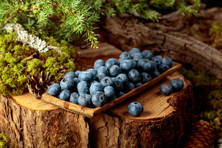 Wild blueberries rich in vitamins and minerals, nestled in a wooden dish on a pine stump. Pure eco-treasure from the heart of the forest.の写真素材