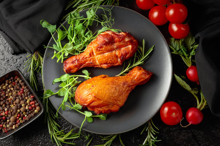 Smoked chicken drumsticks with greens and fresh vegetables on a black kitchen table. Top view.の写真素材