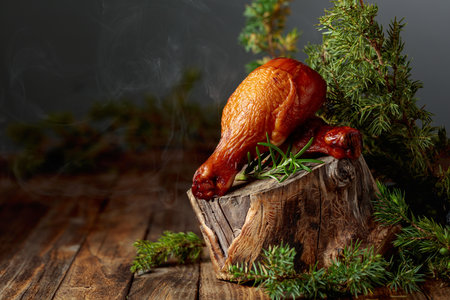 Smoked chicken drumsticks and juniper branches on an old wooden table. Copy space.の写真素材