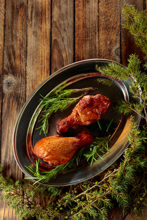 Smoked chicken drumsticks and juniper branches on an old wooden table. Top view. Copy space.の写真素材