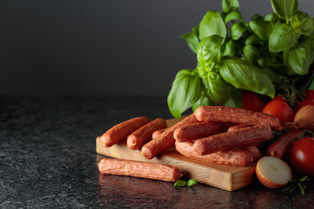Sausages with basil, onion, rosemary, and tomatoes on a black stone table. Copy space.の写真素材