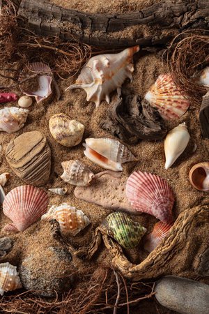 Beach themed background with snags, shells, stones, and sand. Top view.の写真素材