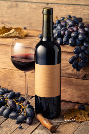 Bottle of red wine and blue grapes on an old wooden table. On a bottle old empty label. Copy space.の写真素材