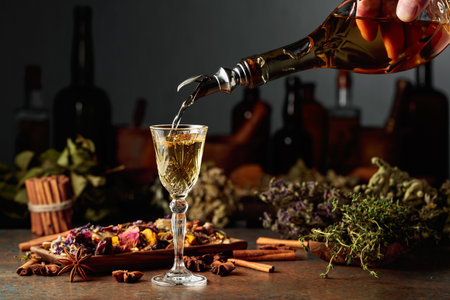 Yellow herbal liquor or mixture is poured from a vintage bottle into a glass. On a table dried herbs, flowers, spices, and old kitchen utensils. Concept of herbal medicine.の写真素材