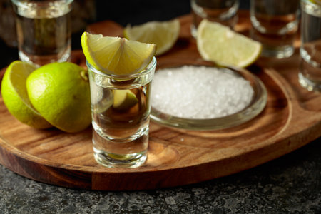 Gold tequila with salt and lime slices on a wooden tray.の写真素材