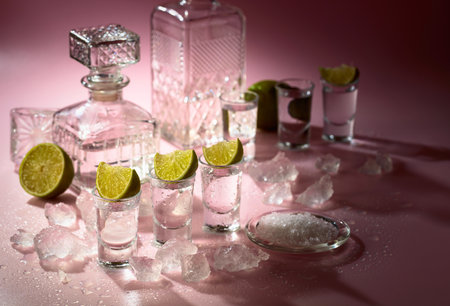 Mexican tequila with lime, sea salt, and crushed ice on a wet pink background.の写真素材