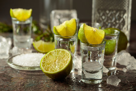 Tequila with lime, sea salt, and crushed ice on a wet vintage background.の写真素材