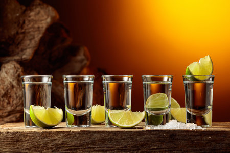 Tequila with salt and lime slices on an old wooden board.の写真素材