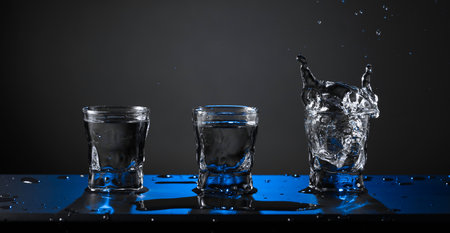 Alcoholic shots of vodka or strong drink in small glasses. A piece of ice falls into a glass, creating a splash. Copy space.の写真素材