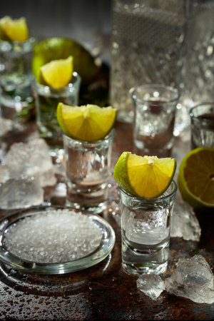 Tequila with lime, sea salt, and crushed ice on a wet vintage background.の写真素材