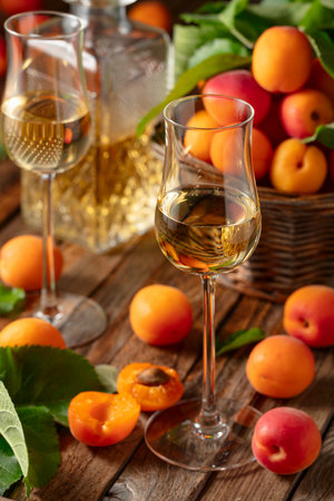Apricot liqueur or grappa and fresh apricots on an old wooden table.の写真素材