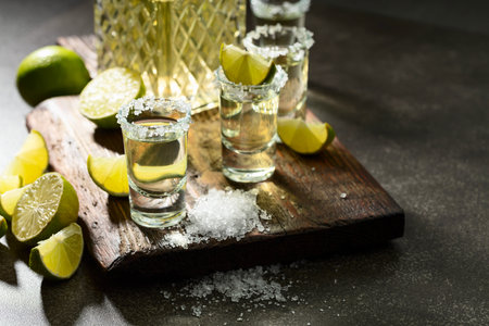 Gold tequila with sea salt and lime slices on an old cutting board.の写真素材
