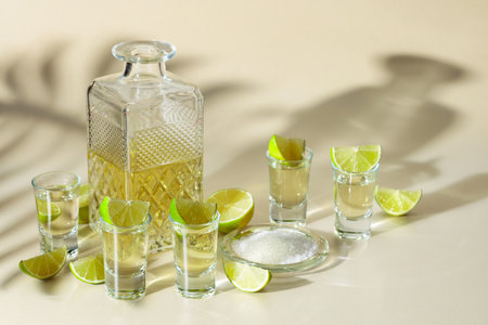 Tequila with salt and lime slices on a yellow background. Bright sunlight and long shadows.の写真素材
