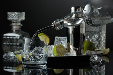 Vodka or gin is poured into a glass with ice. On a black reflective background crushed ice and lime slices.の写真素材