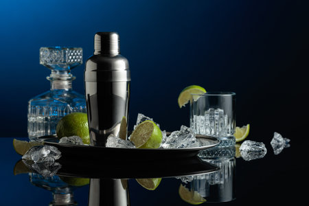 Shaker with ingredients for cocktail making. On a black reflective background crushed ice, lime and decanter with vodka. Dark blue background with copy space.の写真素材