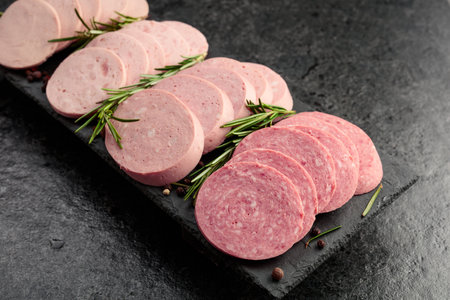 Various boiled sausages with rosemary on a black stone background.の写真素材