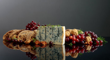 Gorgonzola cheese with ciabatta, walnuts, grapes, and aromatic herbs. Traditional Italian blue mold cheese on a black reflective background. Copy space.の写真素材