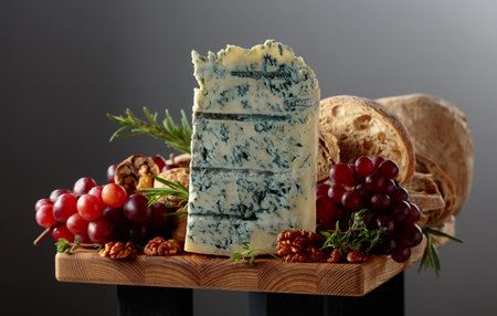 Gorgonzola cheese with ciabatta, walnuts, grapes, and aromatic herbs. Tradition Italian blue mold cheese on a wooden table.の写真素材