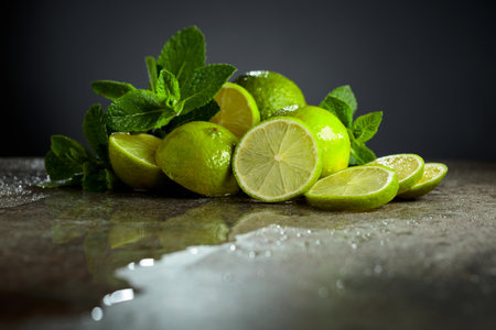 Lime slices and fresh mint branches on a stone table. The water droplets on a table create an extra...