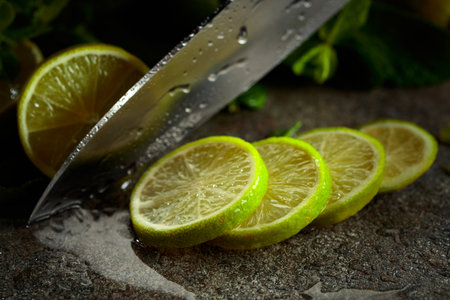 A knife, slices of lime and sprigs of fresh mint on a wet stone table.の写真素材