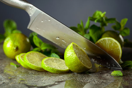 A knife, slices of lime and sprigs of fresh mint on a wet stone table.
