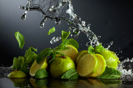 Limes and fresh mint branches on a black background. Ingredients for refreshing drinks and water splashes in motion. Copy space.の写真素材