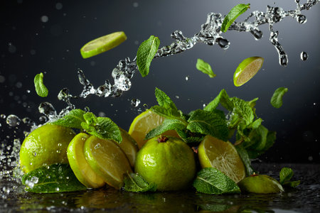 Limes and fresh mint branches on a black background. Ingredients for refreshing drinks and water splashes in motion. Copy space.の写真素材