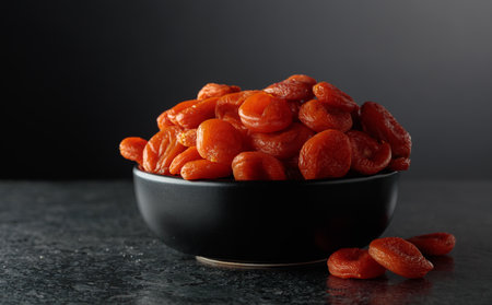Organic dried apricots in a black dish against a black background. Copy space.