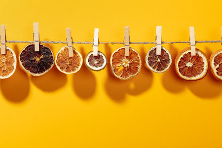 Orange, lemon and lime slices are dried on a line. Bright sunlight and shadows on an orange...