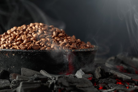 Roasting coffee beans. Black background with copy space.の写真素材