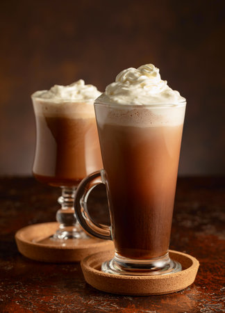 Creamy milk chocolate drinks. Homemade latte with whipped cream on an old brown table. Copy space.
