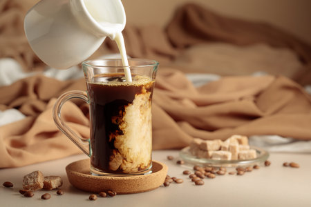 Pouring cream in black coffee. Latte preparing.の写真素材