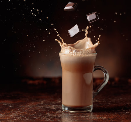 Pieces of bitter chocolate fall in glass mug with cocoa drink creating beautiful splashes. Copy...