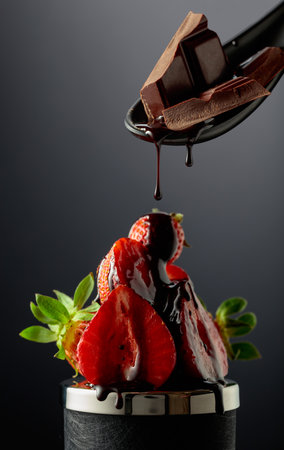 Fresh strawberries are drizzled with melted dark chocolate.の写真素材