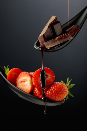 Fresh strawberries are drizzled with melted dark chocolate. Copy space.の写真素材