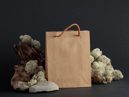 Paper bag with snags, stones, and moss on a black background. Background for natural eco product, branding identity and packaging. Place your logo or text on a free space or bag.の写真素材