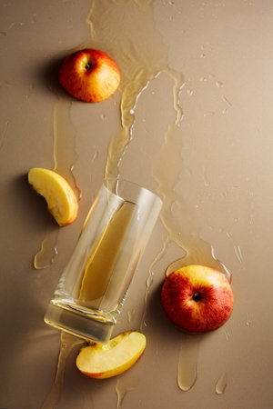 Apple juice is poured into a glass. On a beige background, there is a glass, apple slices, and drops of juice.の写真素材