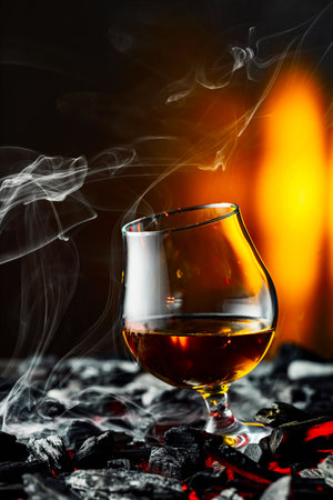 Snifter of brandy on a burning charcoal. Concept of hard alcoholic drinks. Copy space.