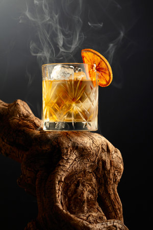 Smoked old fashioned rum cocktail with ice and dried orange slice on an old wooden snag. Copy space.の写真素材