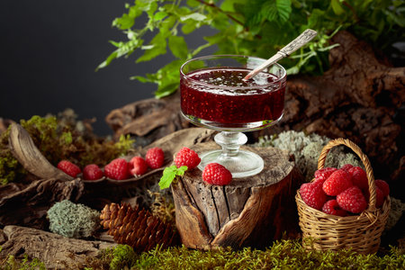 Raspberry jam with fresh berries on an old tree trunk in the forest. A concept of healthy,...