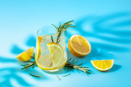 Summer refreshing drink with ice, lemon and rosemary. Blue background with copy space.の写真素材