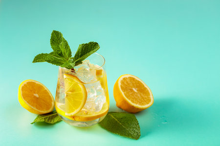 Summer refreshing drink with ice, lemon and mint. Green background with space for copy.