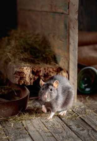 Cute rat on a wooden floor in an old barn with hay.の写真素材