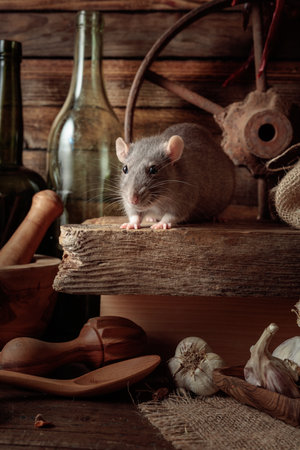 Rat on a table with old kitchen utensils in a wooden shed.の写真素材