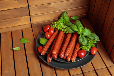 Thin smoked Polish sausages on a black plate. Sausages with basil, salad, and tomatoes on a wooden table.の写真素材